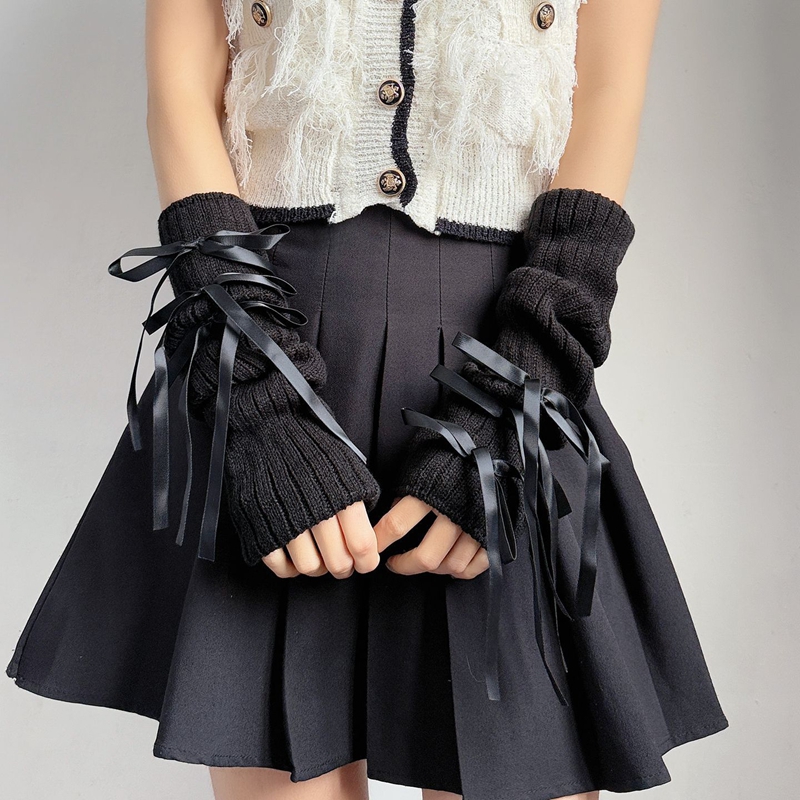 Sweet Ribbon Bow Knitted Warm  - Fingerless Glove Knit ulasan dan harga
