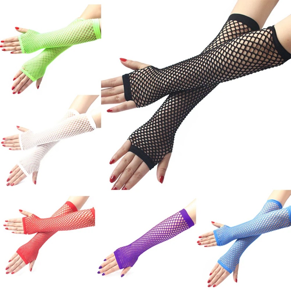 Neon Fishnet Long Fingerless G - Fingerless Glove Knit ulasan dan harga